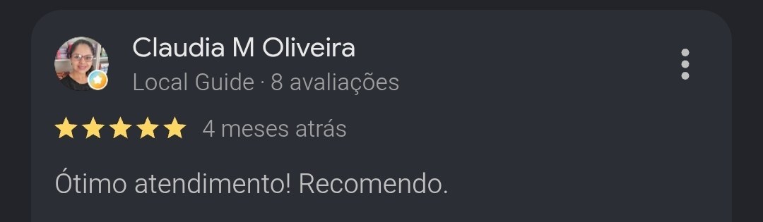Avaliação 5 estrelas de Claudia M Oliveira, Local Guide com 8 avaliações, no Google